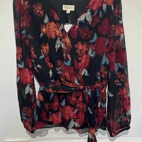 52seven Women's Multicolor Floral Tie Waist Long Sleeve Blouson Blouse Large NWT - Picture 1 of 10